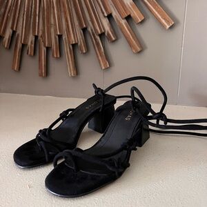 ALOHAS Black Suede Lace-Up Block Heel Sandals